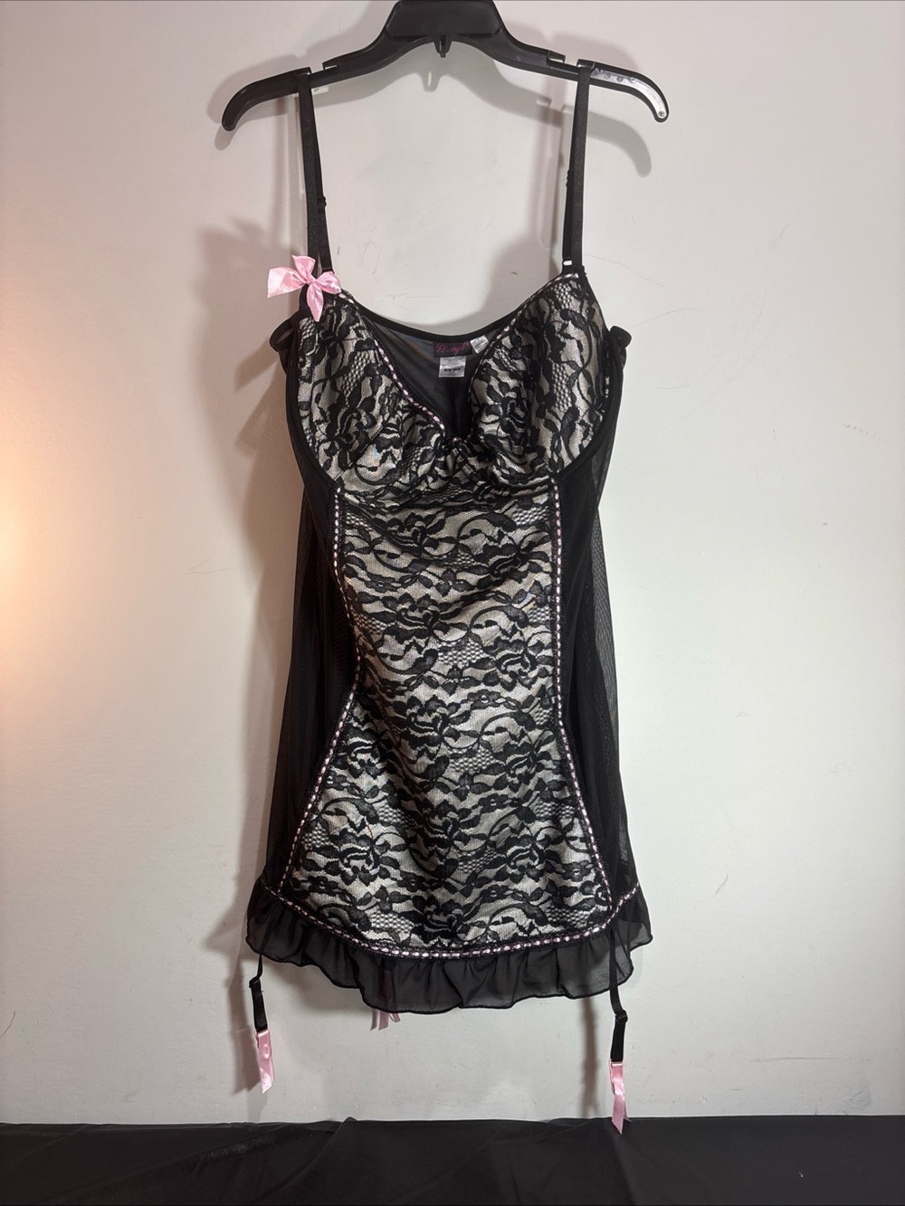Dream girl Black Lace Chemise with Pink Bow Accents - Women's Intimate. 1424